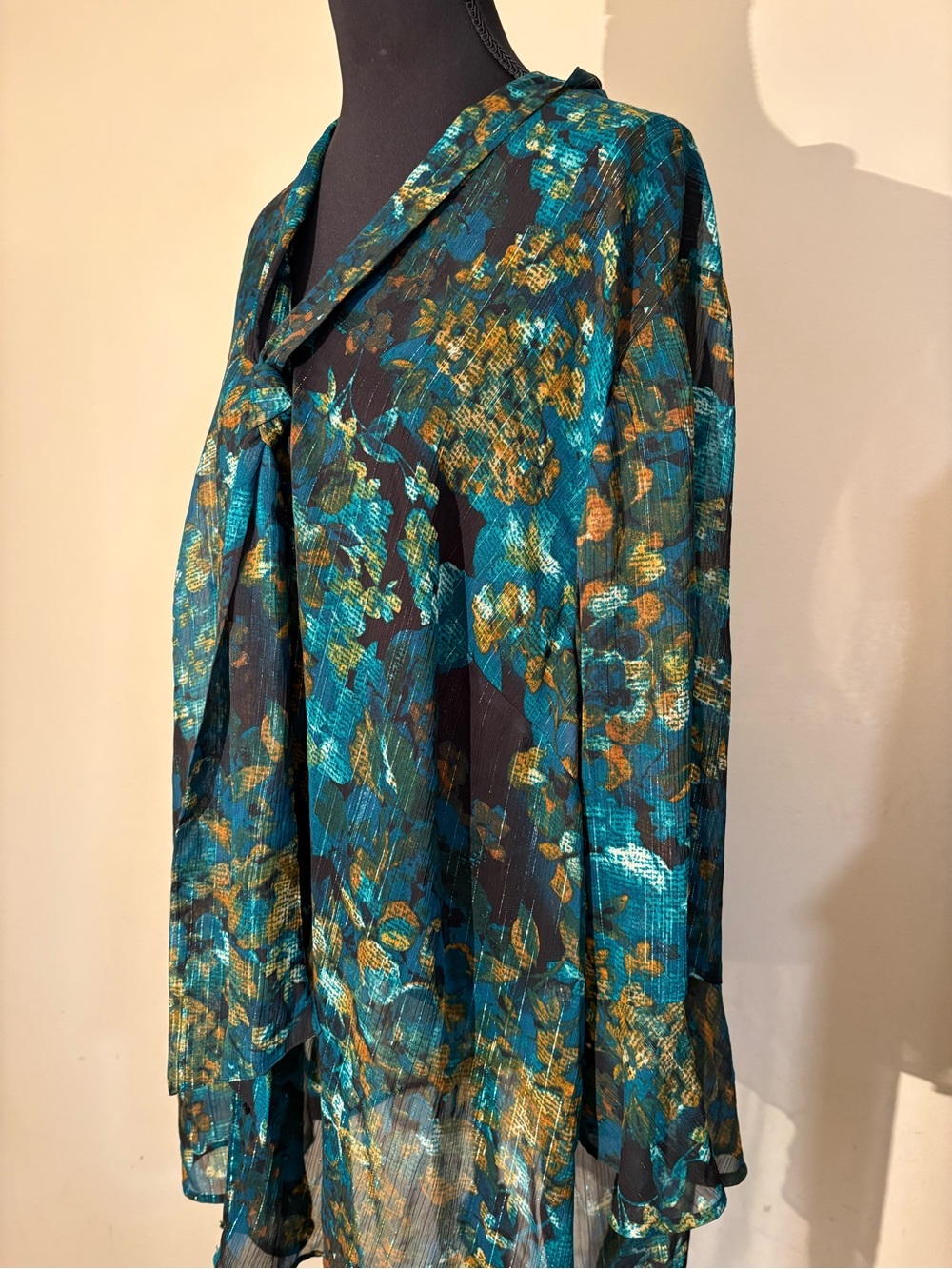 Sheer Teal & Gold Floral Tie-Neck Blouse-with Glimmering Silver Threading! - Picture 3 of 16